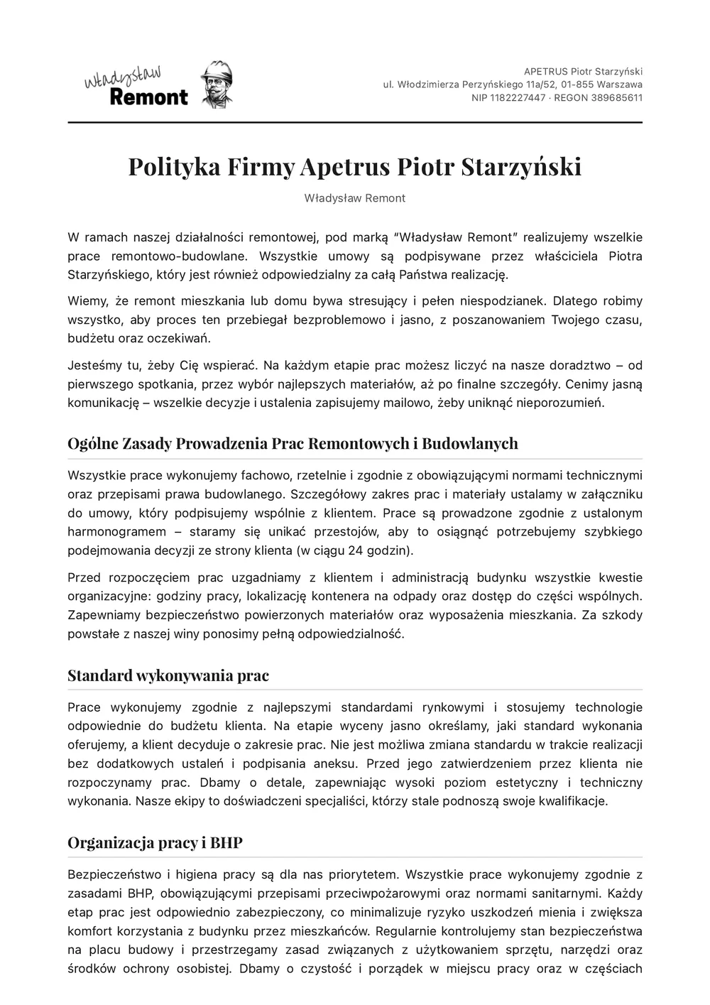 Polityka Firmy, załącznik nr 2 do umowy, wszystkie strony
