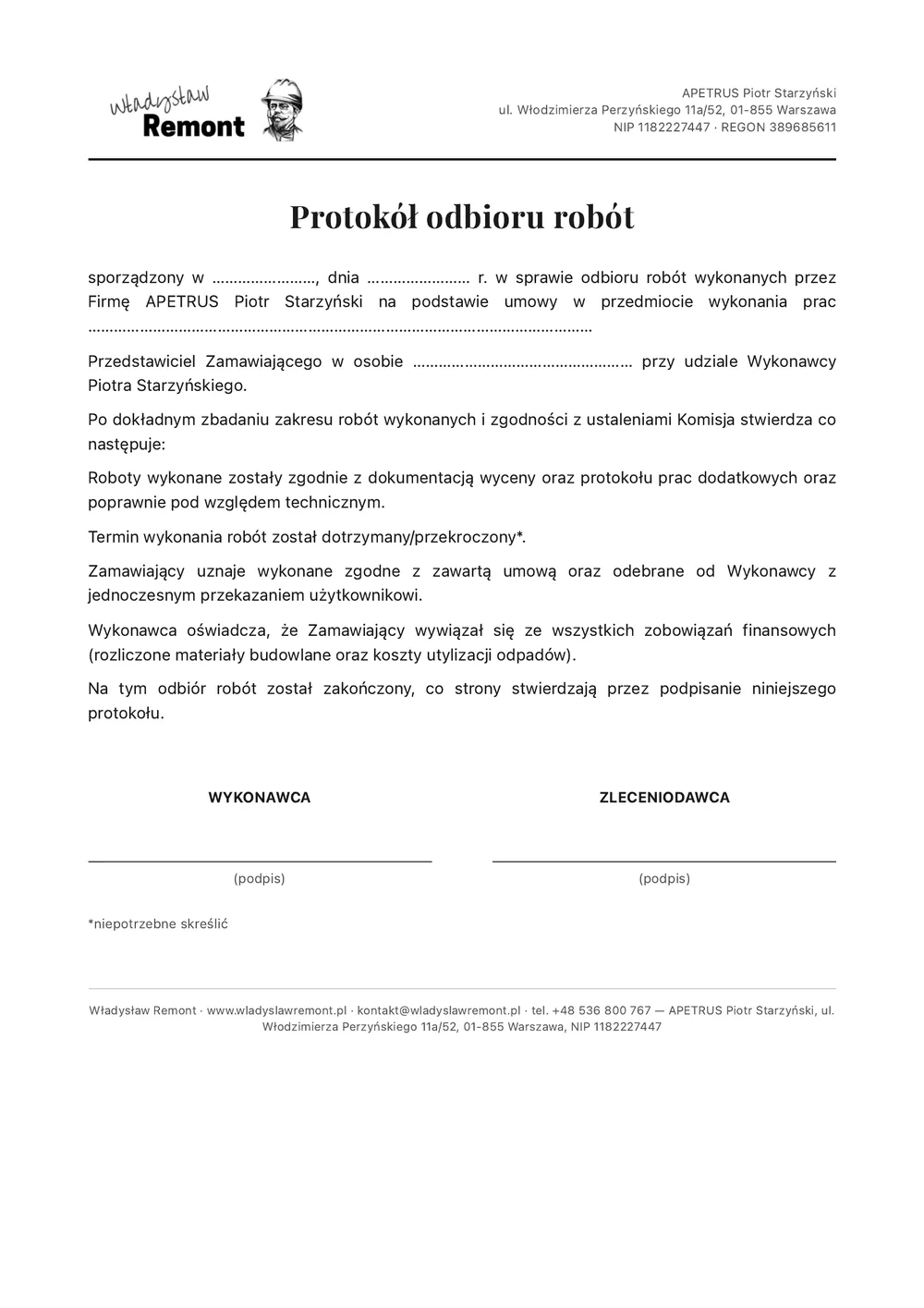 Protokół odbioru robót