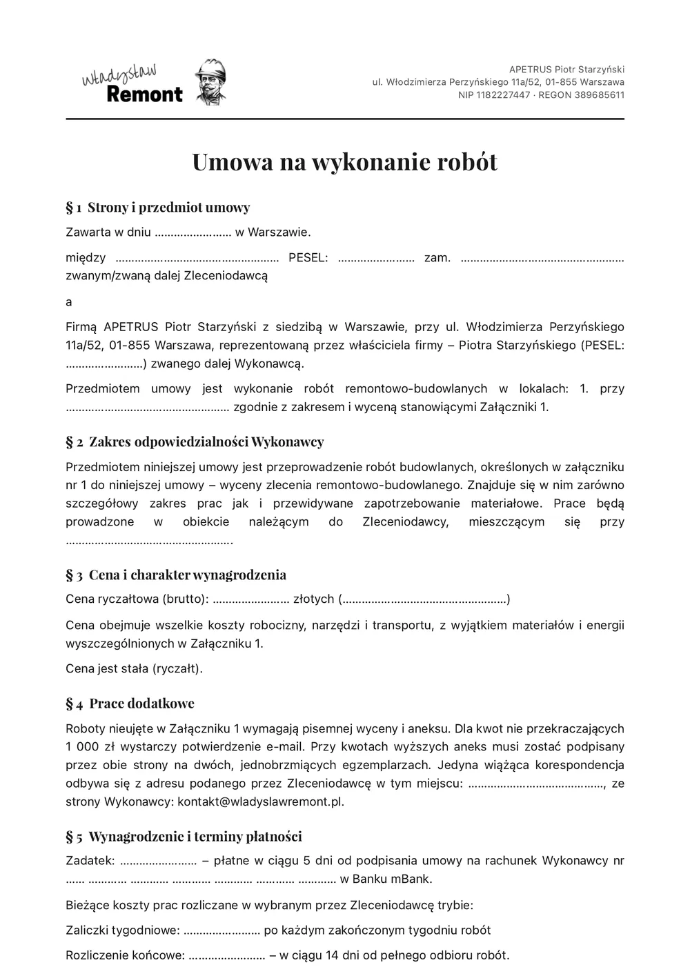 Umowa na wykonanie robót, pierwsza strona