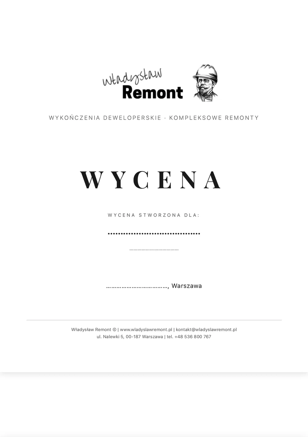 Wycena zlecenia remontowo-budowlanego, pierwsza strona