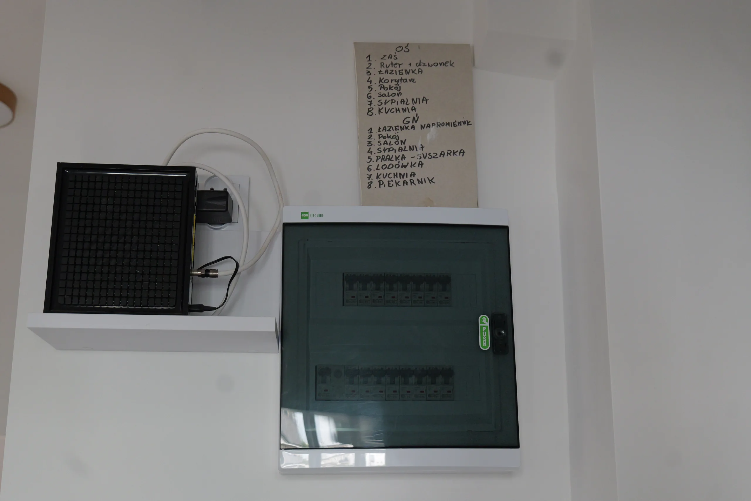 Nowa rozdzielnica elektryczna z przezroczystymi drzwiczkami i dwoma rzędami bezpieczników, nad nią przyklejona kartka z odręcznym spisem obwodów oświetleniowych i gniazdkowych